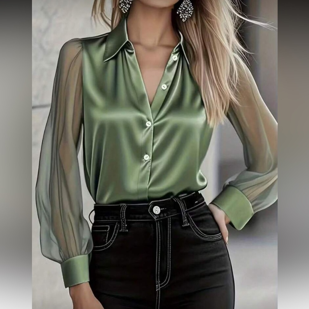 Elegant Green Sheer Sleeve Blouse